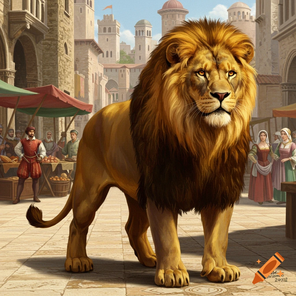 A large lion stands in a crowded Renaissance town square with market stalls and people.