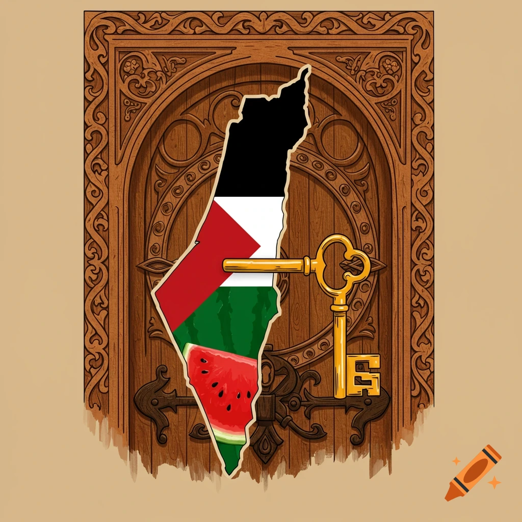 Digital illustration of Palestine map silhouette with flag and watermelon slice, a golden key across it, on a carved wooden door background.
