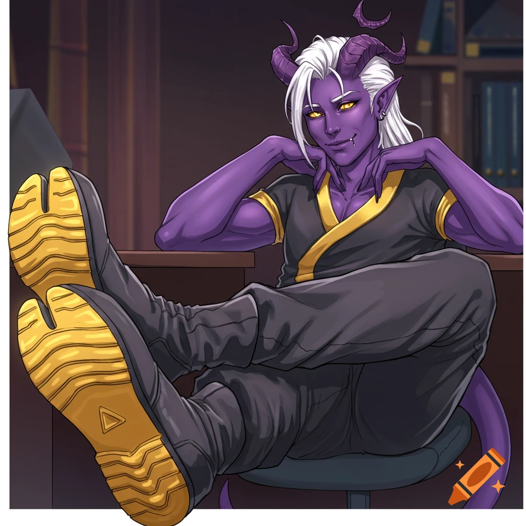 Illustration of a purple-skinned tiefling with white hair and yellow eyes, sitting with feet on a desk in a library.