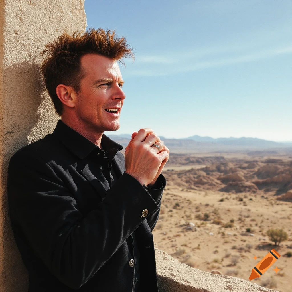 A man resembling Rick Astley leans against a stone wall, looking out over a desert landscape.