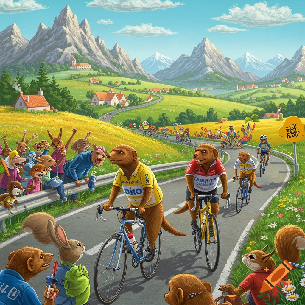 Anthropomorphic animals race and spectate a cycling event in a scenic mountain valley.