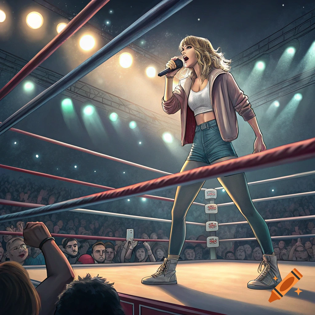 Illustration of a woman singing in a wrestling ring with a crowd.