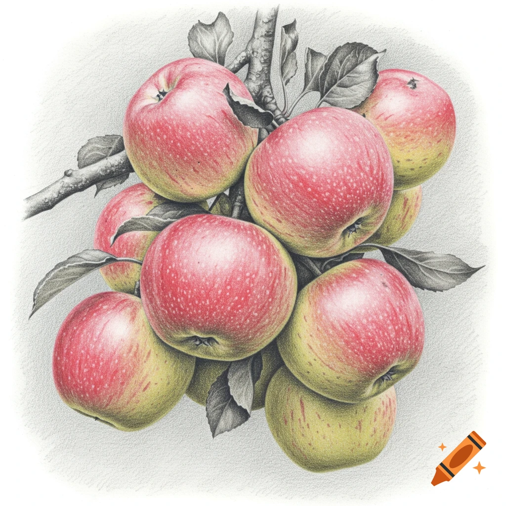 A detailed pencil drawing shows a cluster of ripe apples on a branch with leaves.