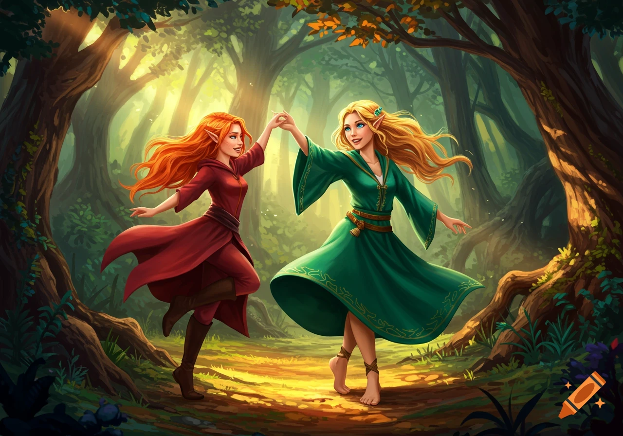 Two women with pointy ears dance in a sunlit forest clearing.