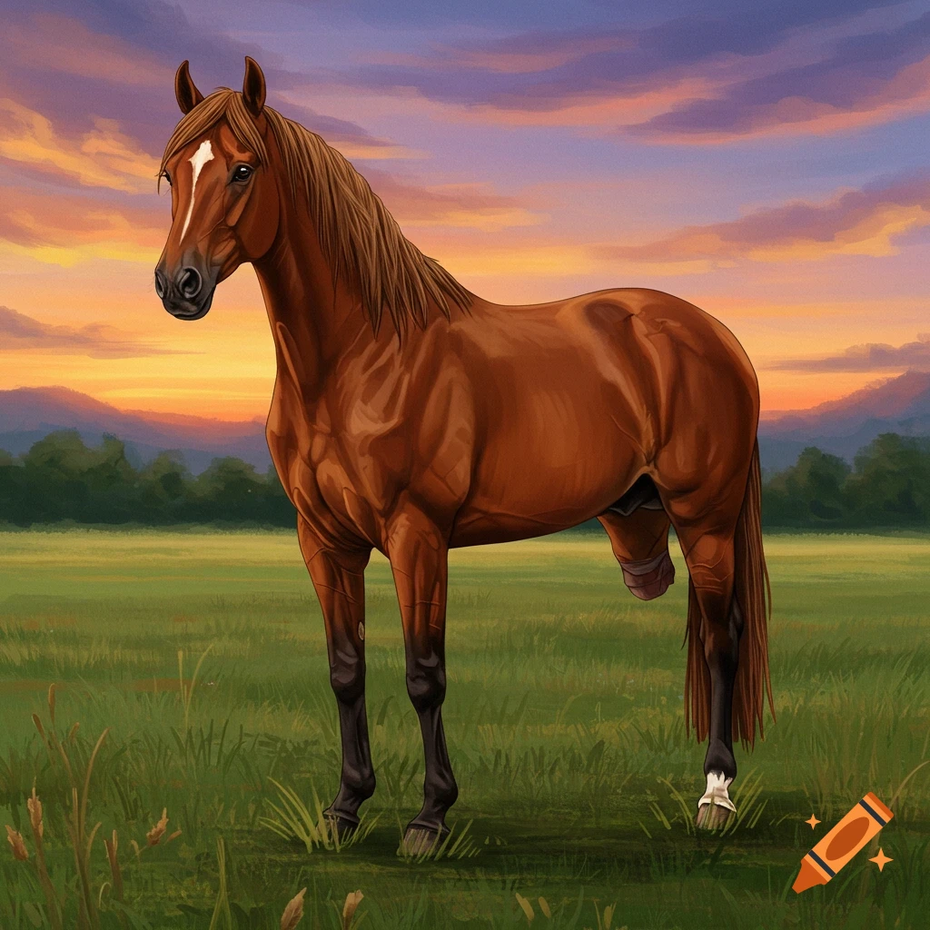 A three-legged horse stands in a grassy field at sunset.
