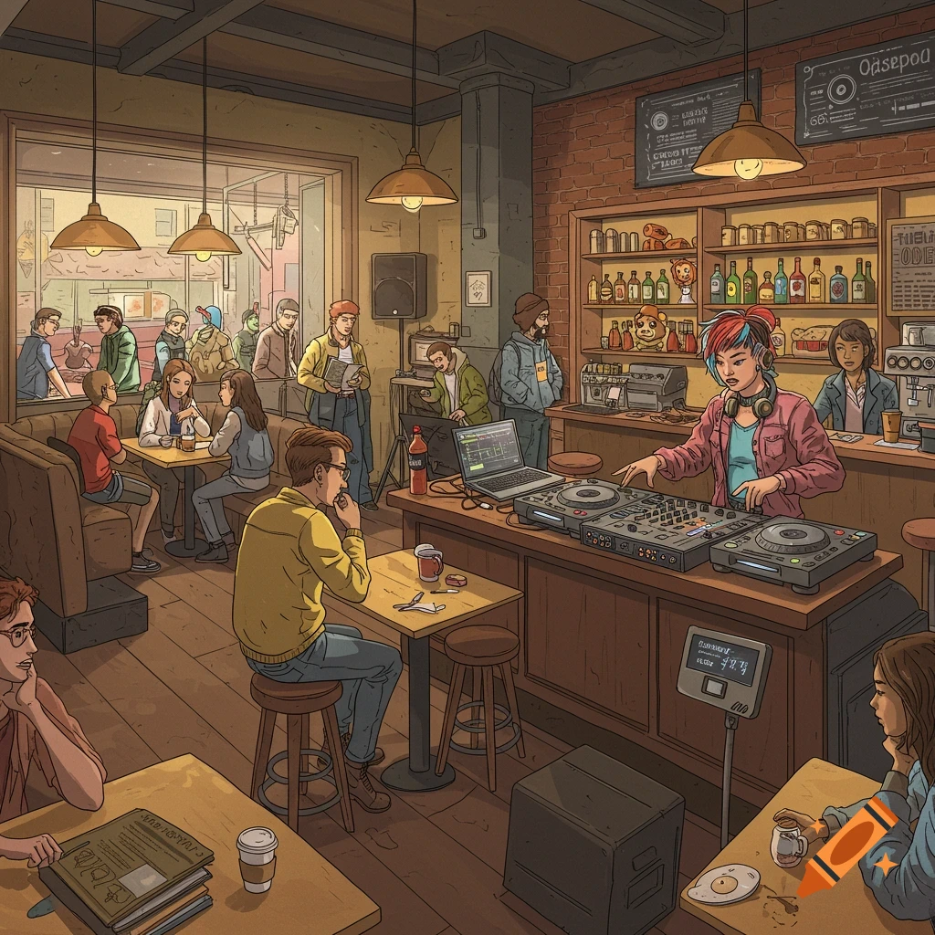 A busy cafe is shown with a DJ at the bar and patrons sitting at tables.