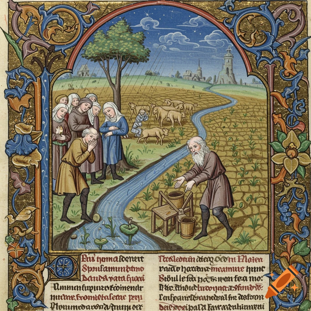 Medieval manuscript illustration of people, sheep, and a man drawing water from a river in a field.