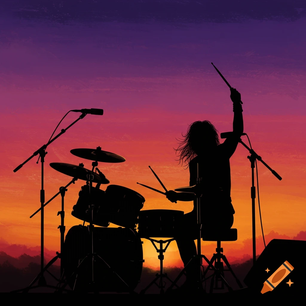 Silhouette of a rock drummer playing drums against a vibrant sunset sky.
