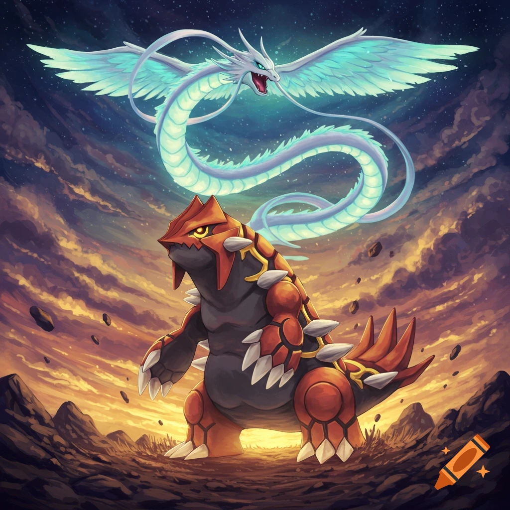 Groudon and Rayquaza face off dynamically against a dramatic, cloudy sky.
