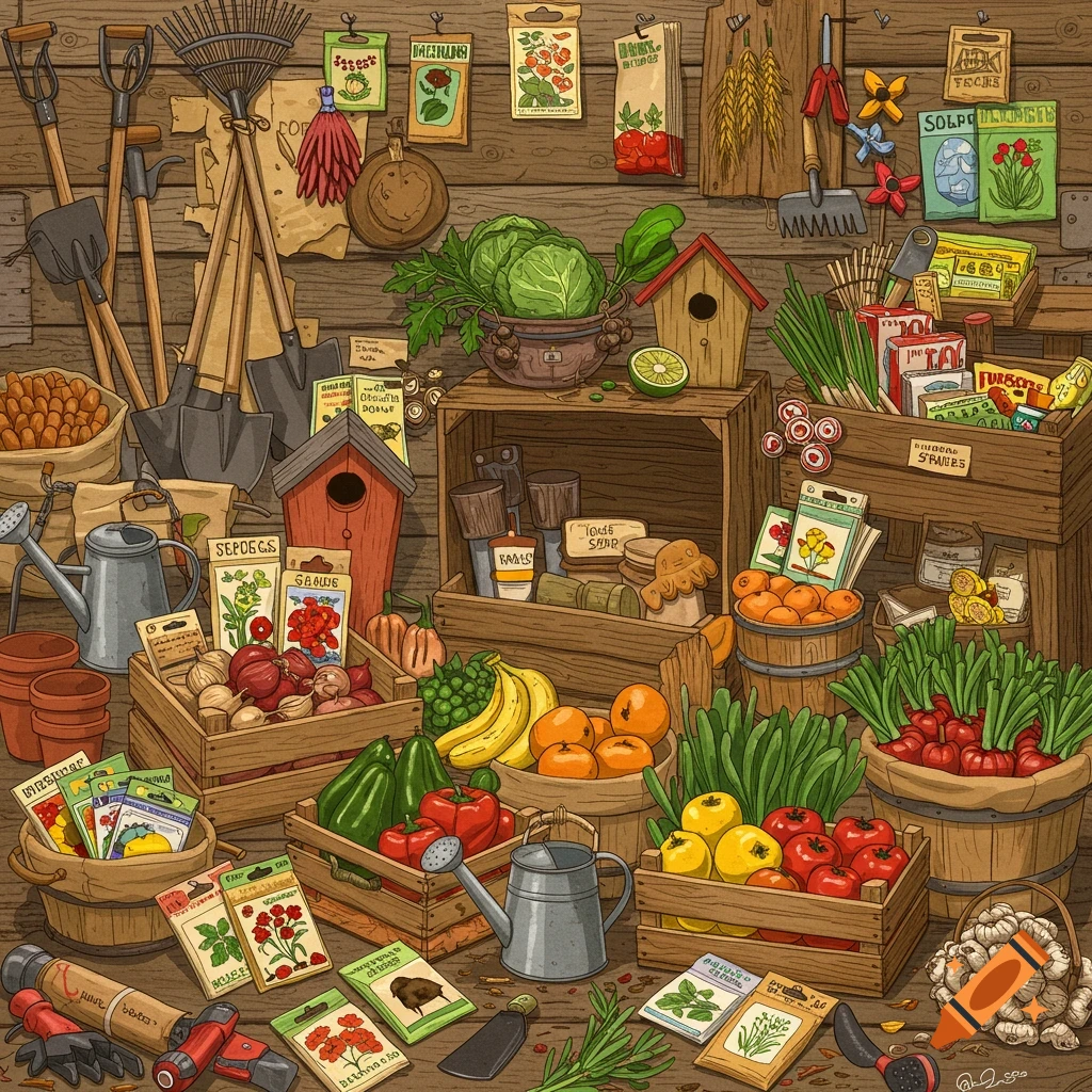 A market stall or shed filled with gardening tools, seed packets, and various fruits and vegetables.