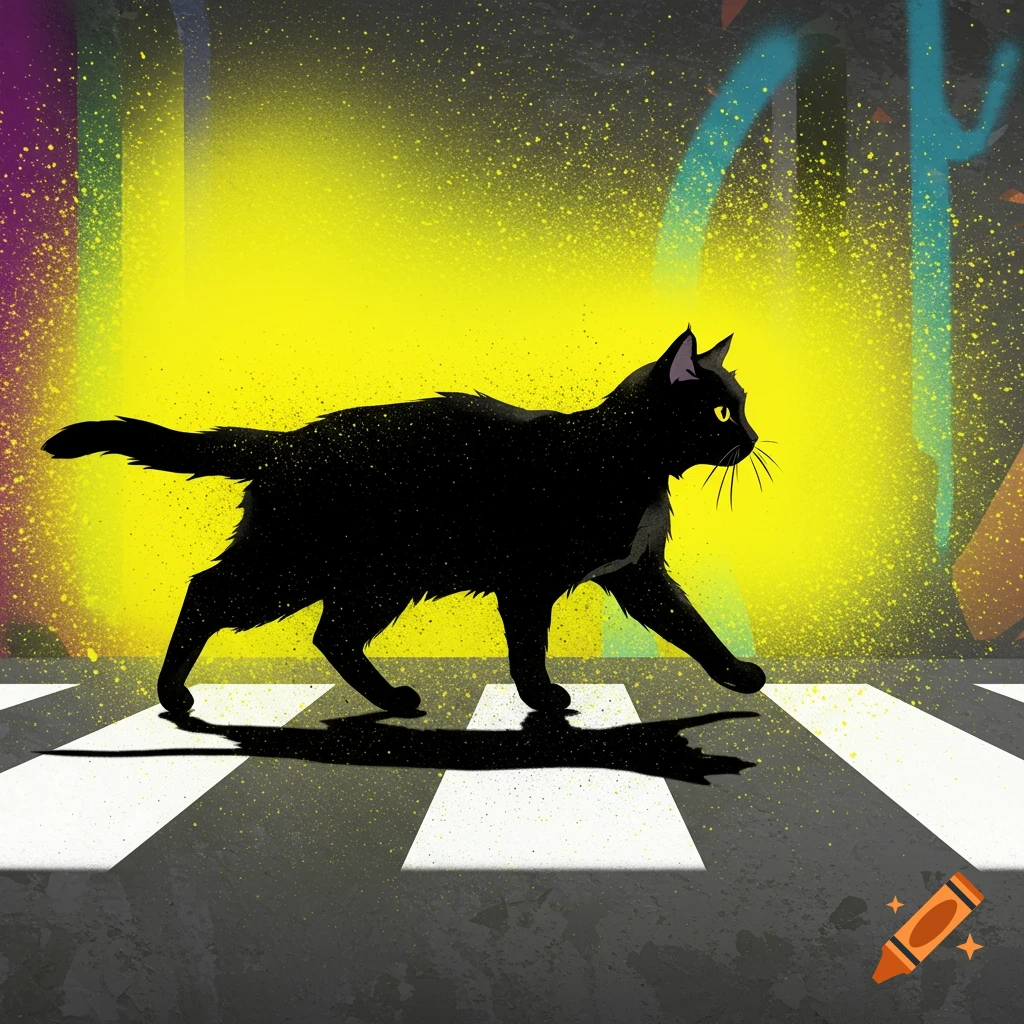 A black cat walks across a crosswalk in a street art style with yellow spray paint.