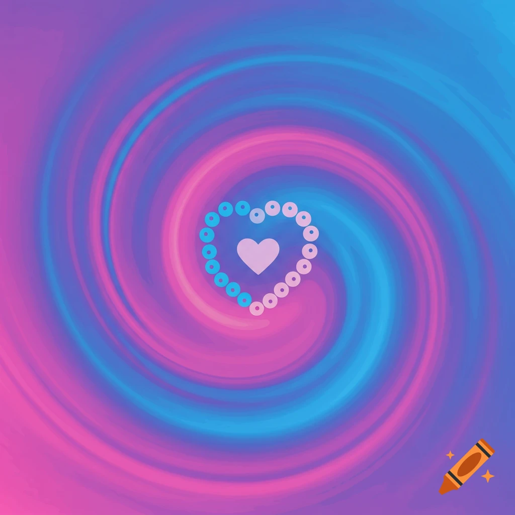 Abstract heart made of pink and blue circles on a swirling pink, blue, and purple background.