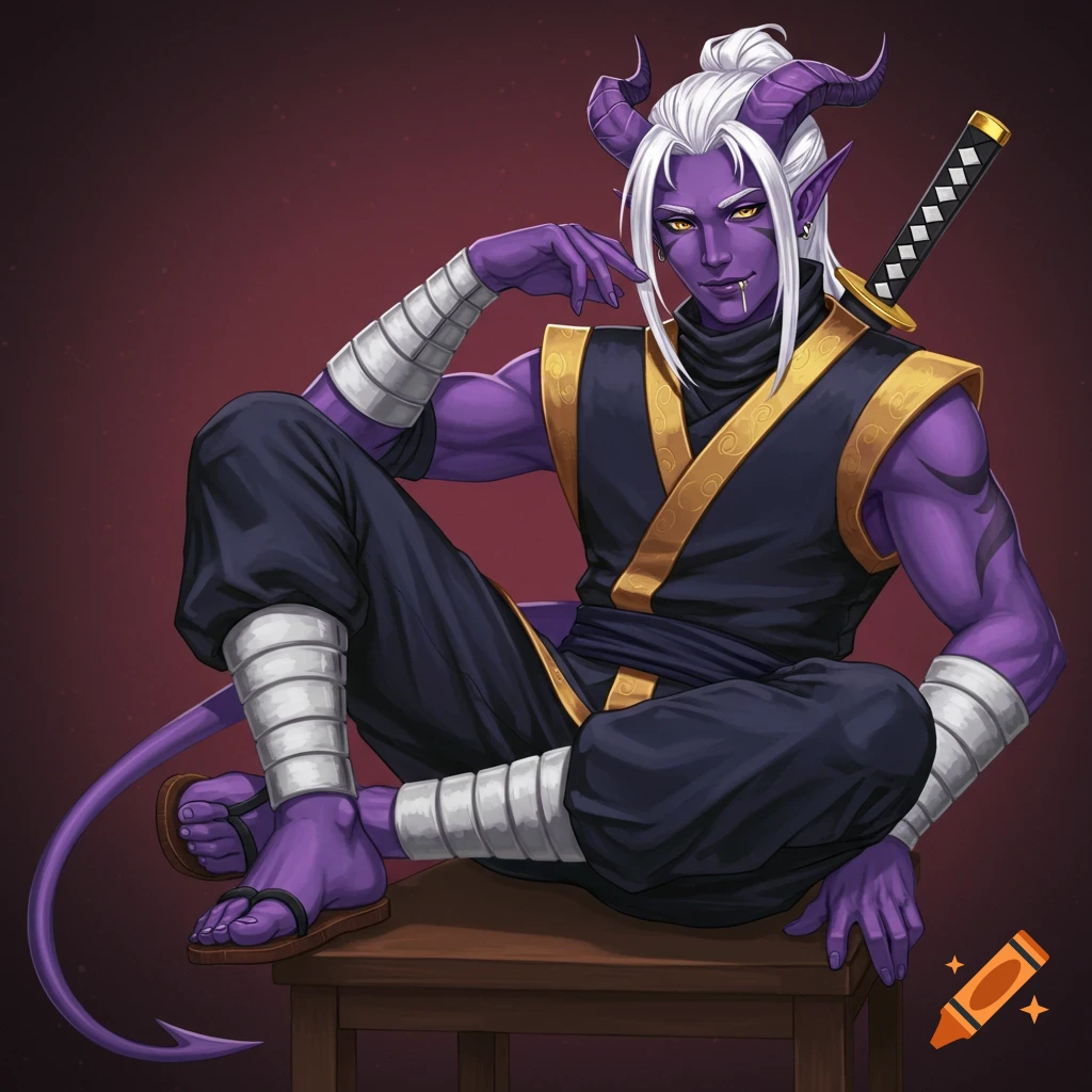 A purple tiefling in ninja gear sits cross-legged with a sensual expression.