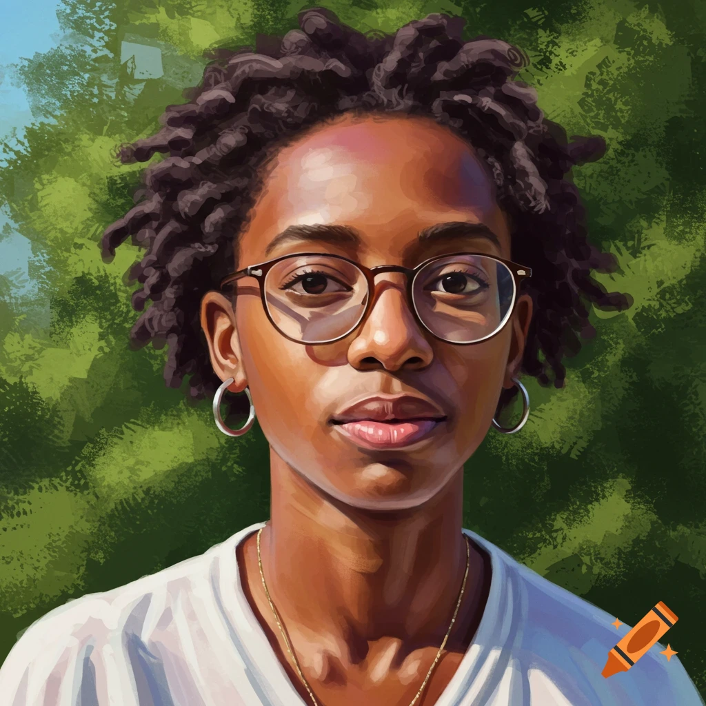 Black woman with glasses and dreadlocks against a green background.