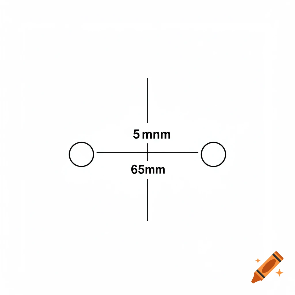 A diagram showing two circles 65mm apart with vertical and horizontal lines and measurements.