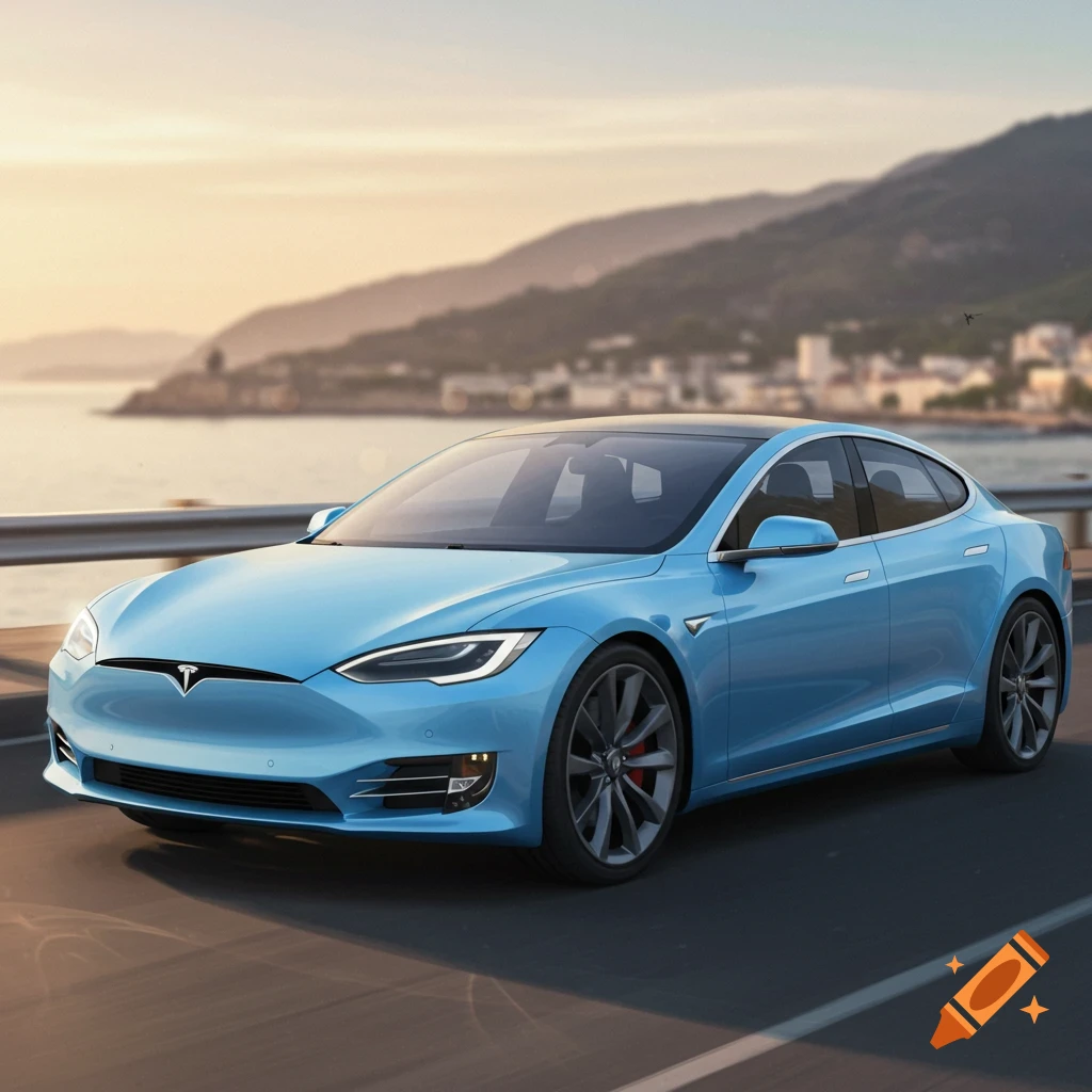 A light blue Tesla Model S drives along a coastal road at sunset.