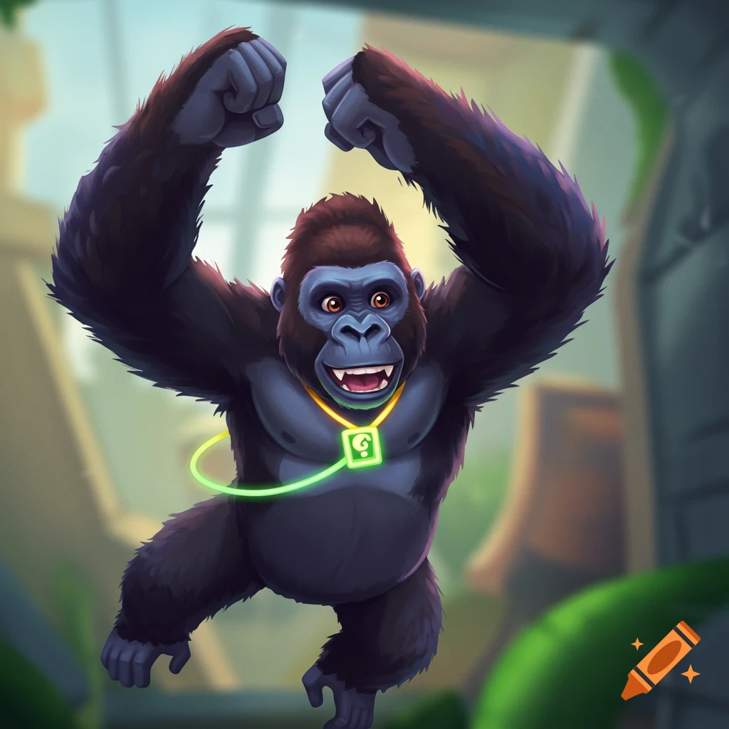A cartoon gorilla is depicted mid-air, jumping in a jungle ruin. The gorilla is wearing a glowing necklace.