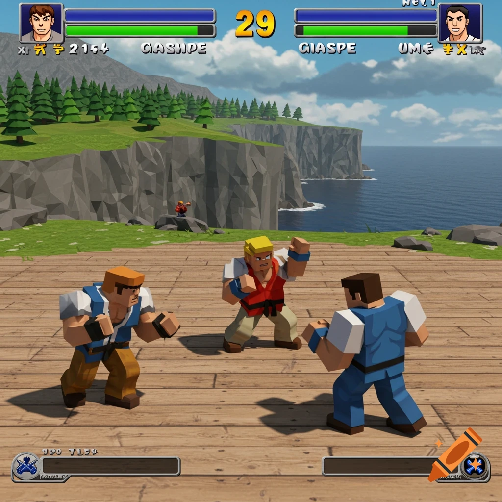 Low-poly 3D fighting game screenshot with blocky characters fighting on a platform overlooking a coastal cliff.