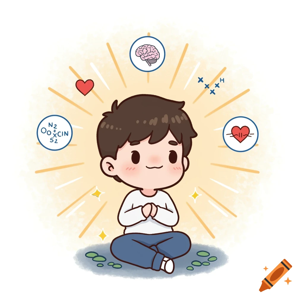 Chibi illustration of a person meditating, surrounded by icons of a brain, heart, chemical formula, and symbols.