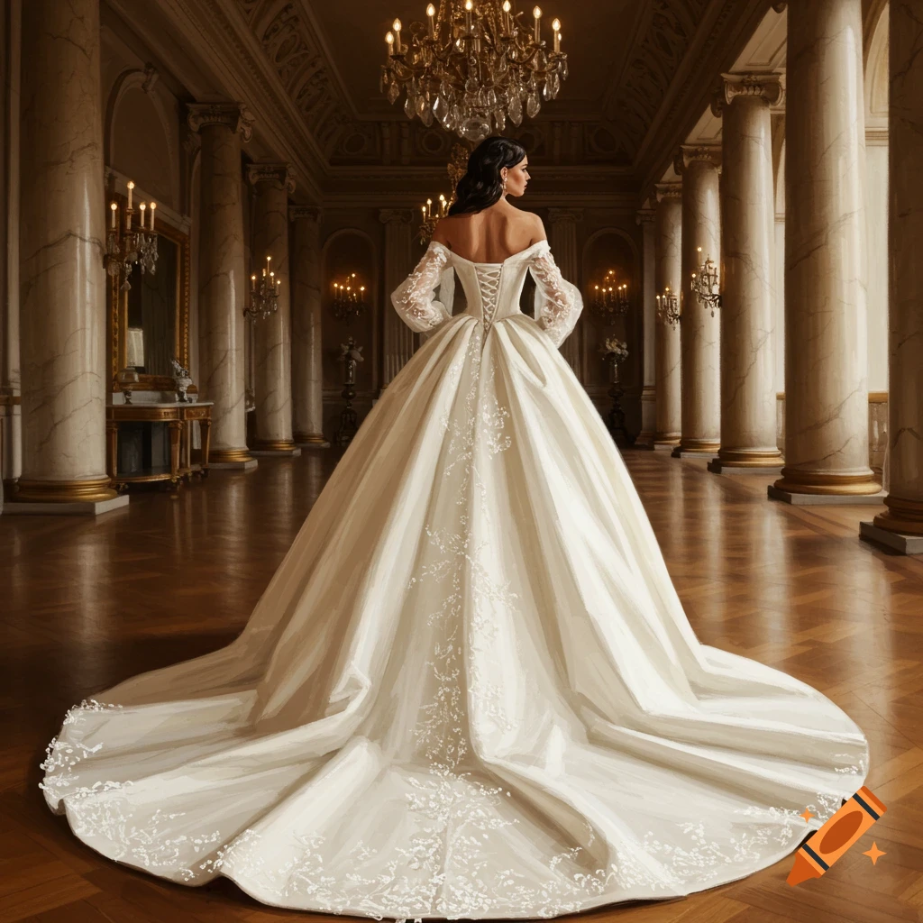 A woman in a dramatic white wedding dress with a long train, viewed from behind in a grand hall.