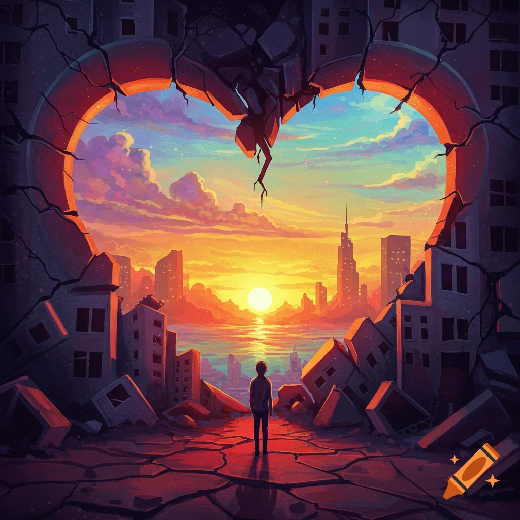 Painting of a figure in ruined city looking through heart-shaped opening at sunset