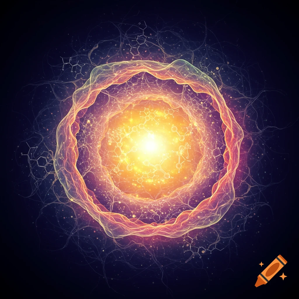 Abstract glowing sphere with swirling energy and chemical structures on a dark background, digital art.