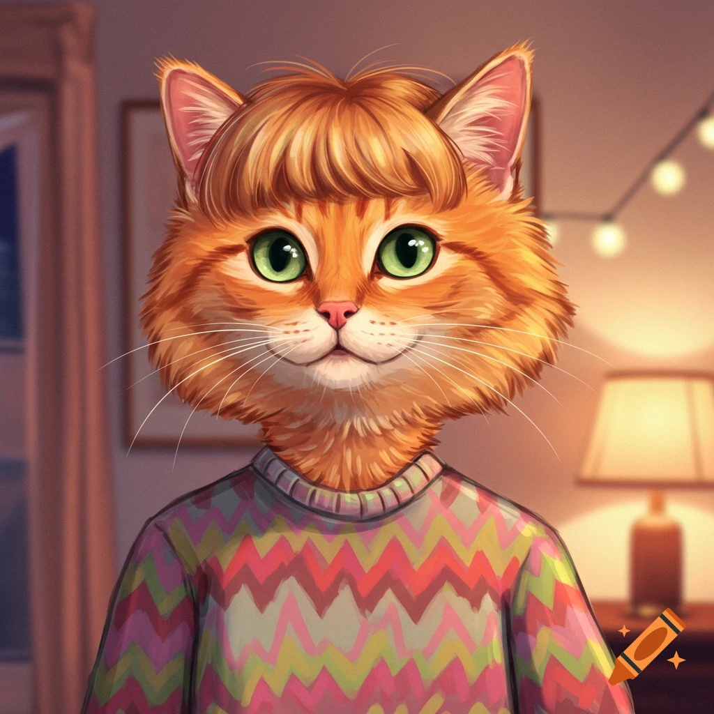 An anthropomorphic orange cat with green eyes wears a colorful sweater.