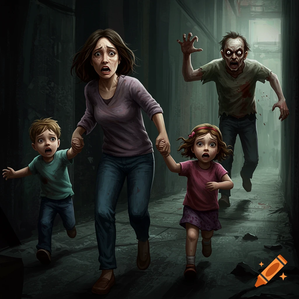 A woman and two children flee a monster in a dark hallway.