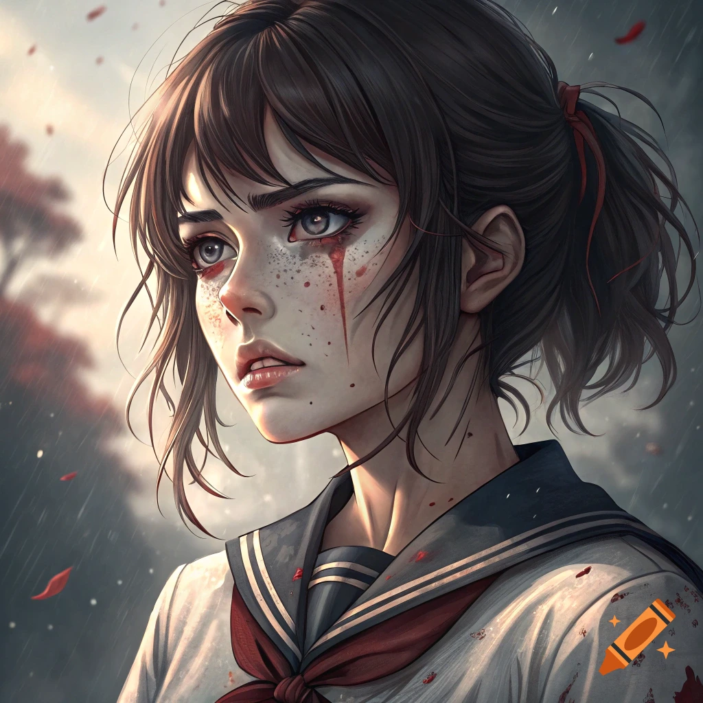 Anime portrait of a young woman in a school uniform with red streaks around her eyes and on her face.