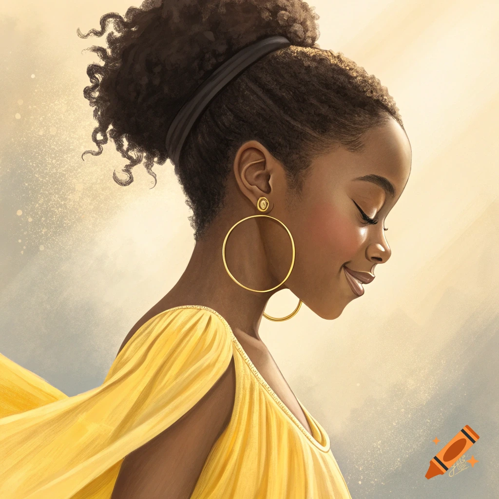 An illustration of a young African American woman with her hair in a bun, wearing large gold hoop earrings and a flowing yellow dress, seen in profile.