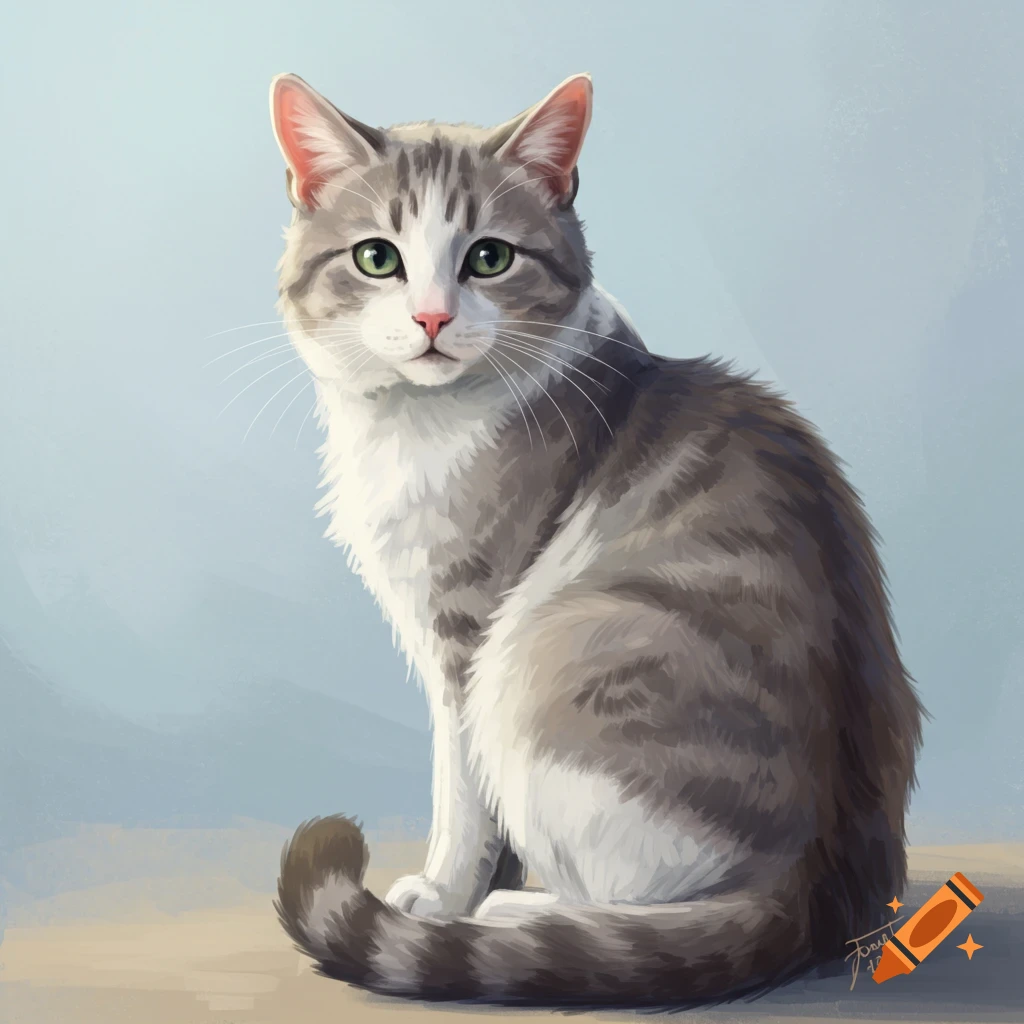 A grey and white tabby cat sits.