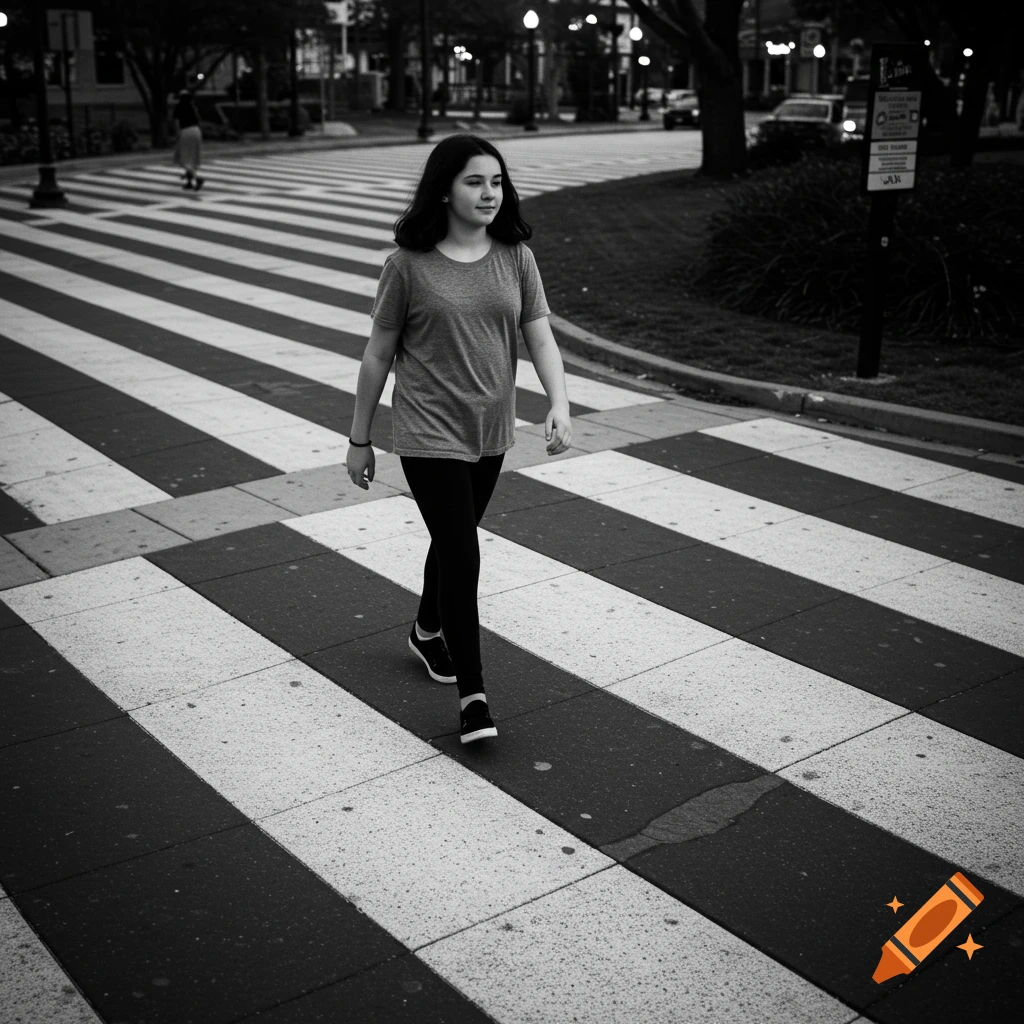 A young girl walks across a pedestrian zebra crossing in a city street, in a black and white photograph.