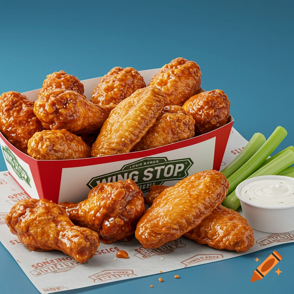 A box of Wingstop chicken wings with celery and dip.