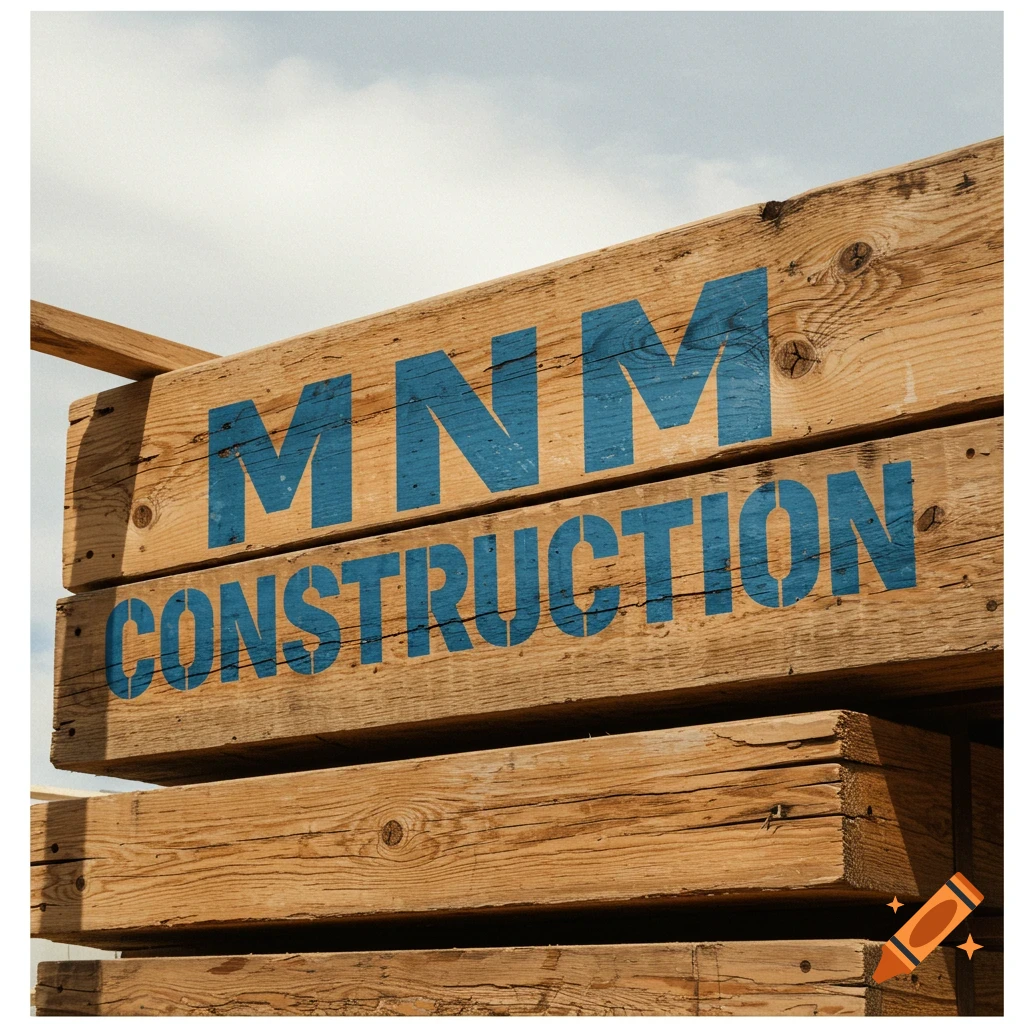MNM CONSTRUCTION sign stenciled in blue on a stack of lumber