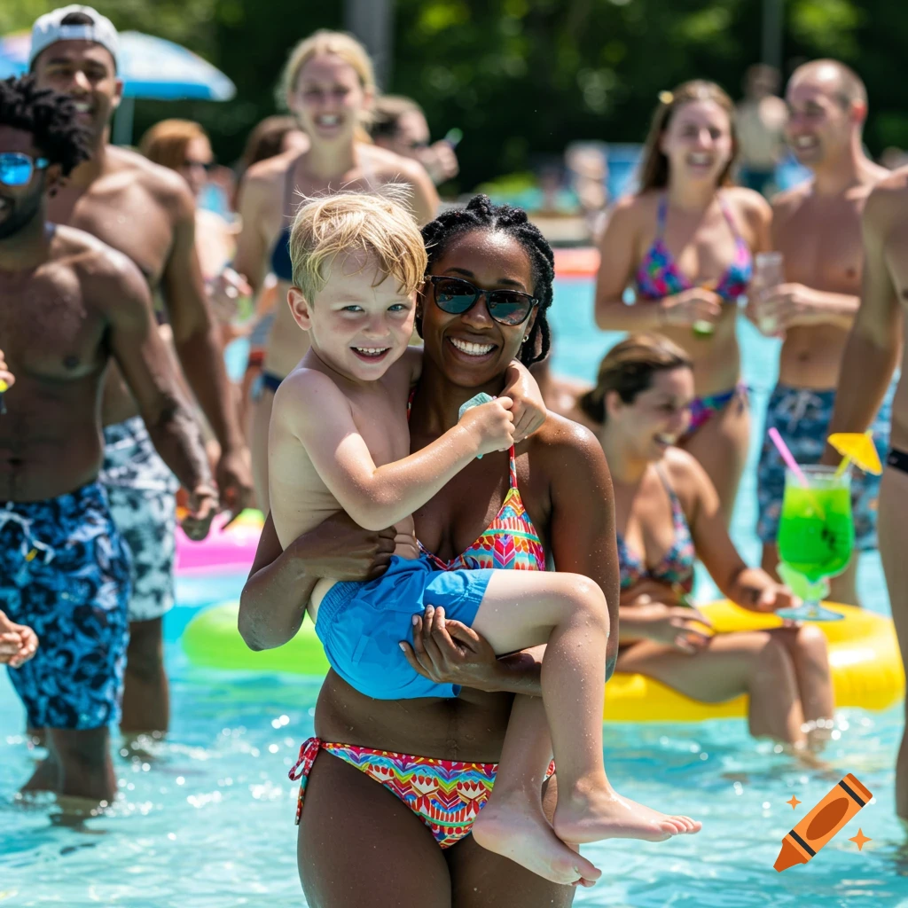 Mother holds her son in a crowded, sunlit pool at a lively summer party.