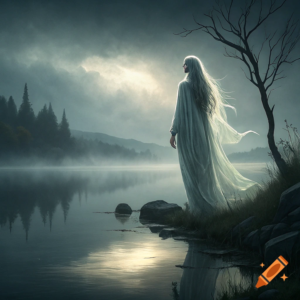 A figure in a white dress stands by a misty lake under a dark sky.