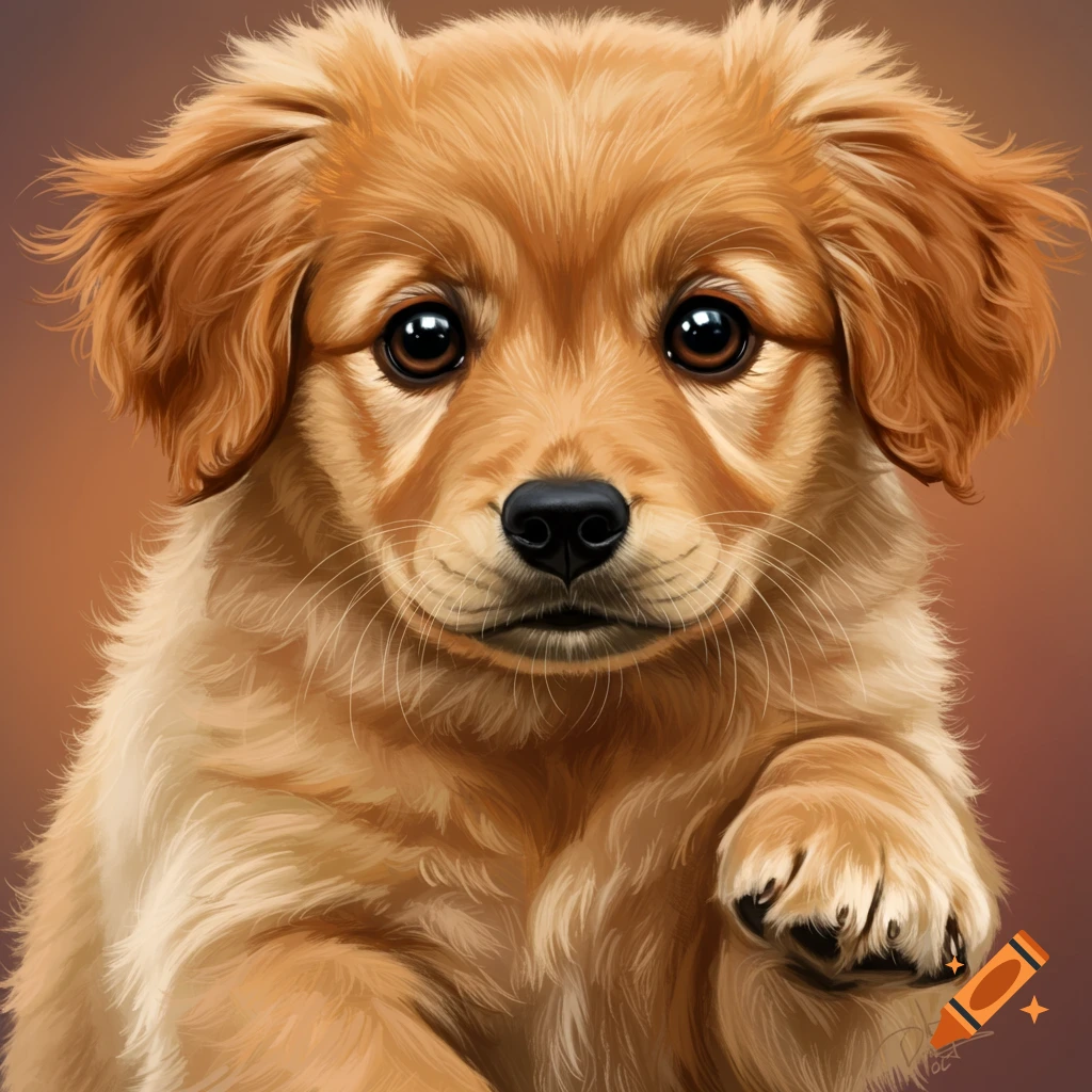 A cute golden retriever puppy looks forward with one paw raised.