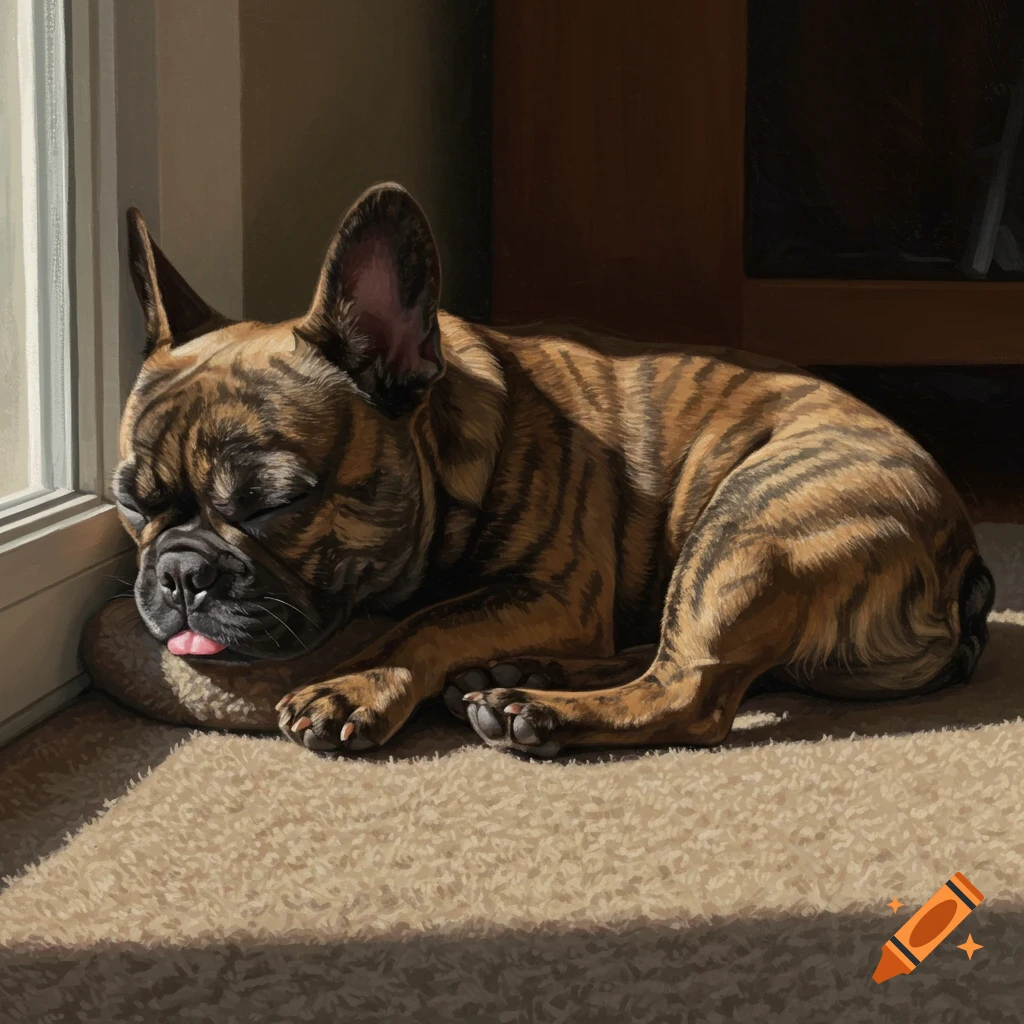 A brindle French bulldog sleeps peacefully in sunlight on a carpet near a window, painted realistically.
