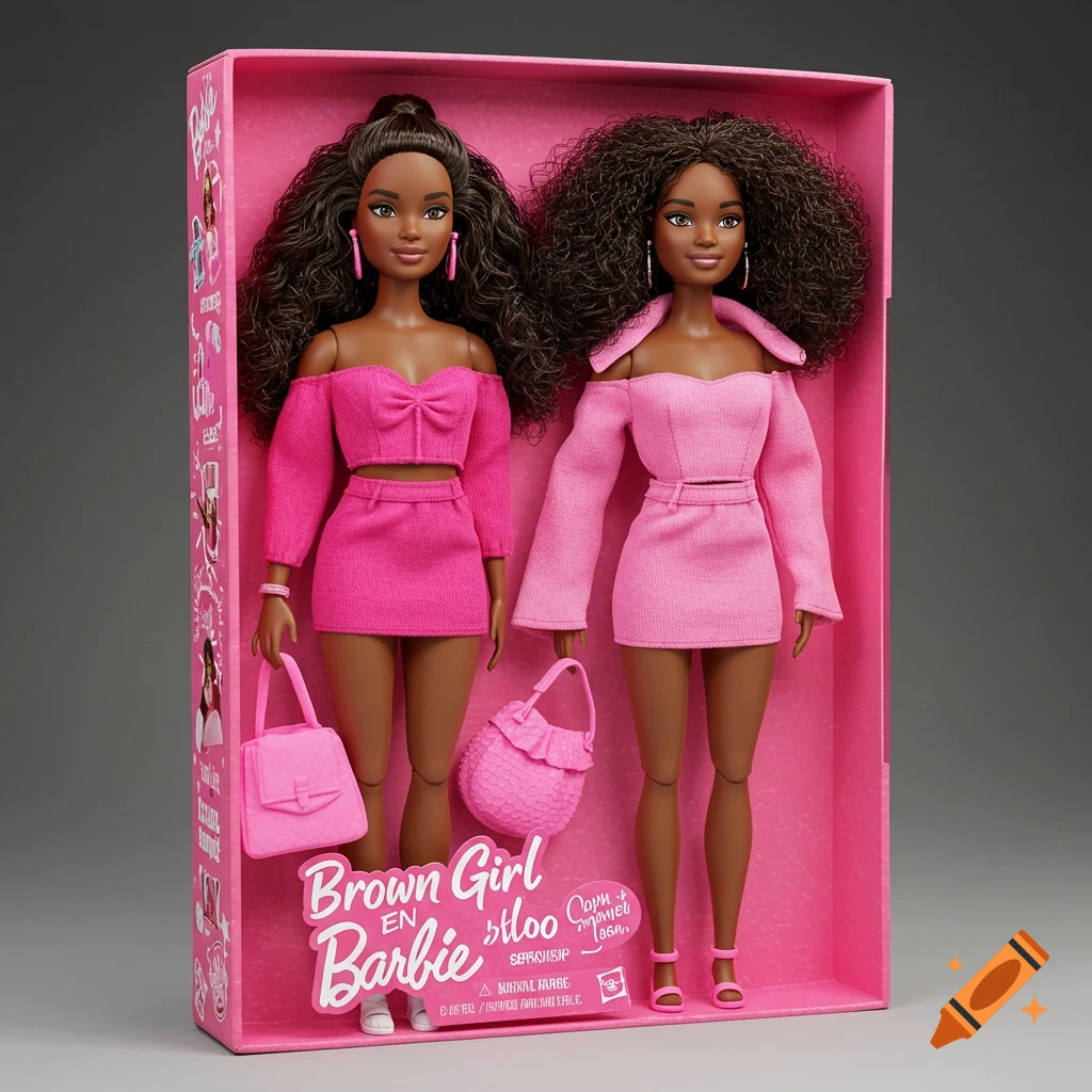 Two dark-skinned Barbie dolls in pink outfits inside a pink Barbie box.