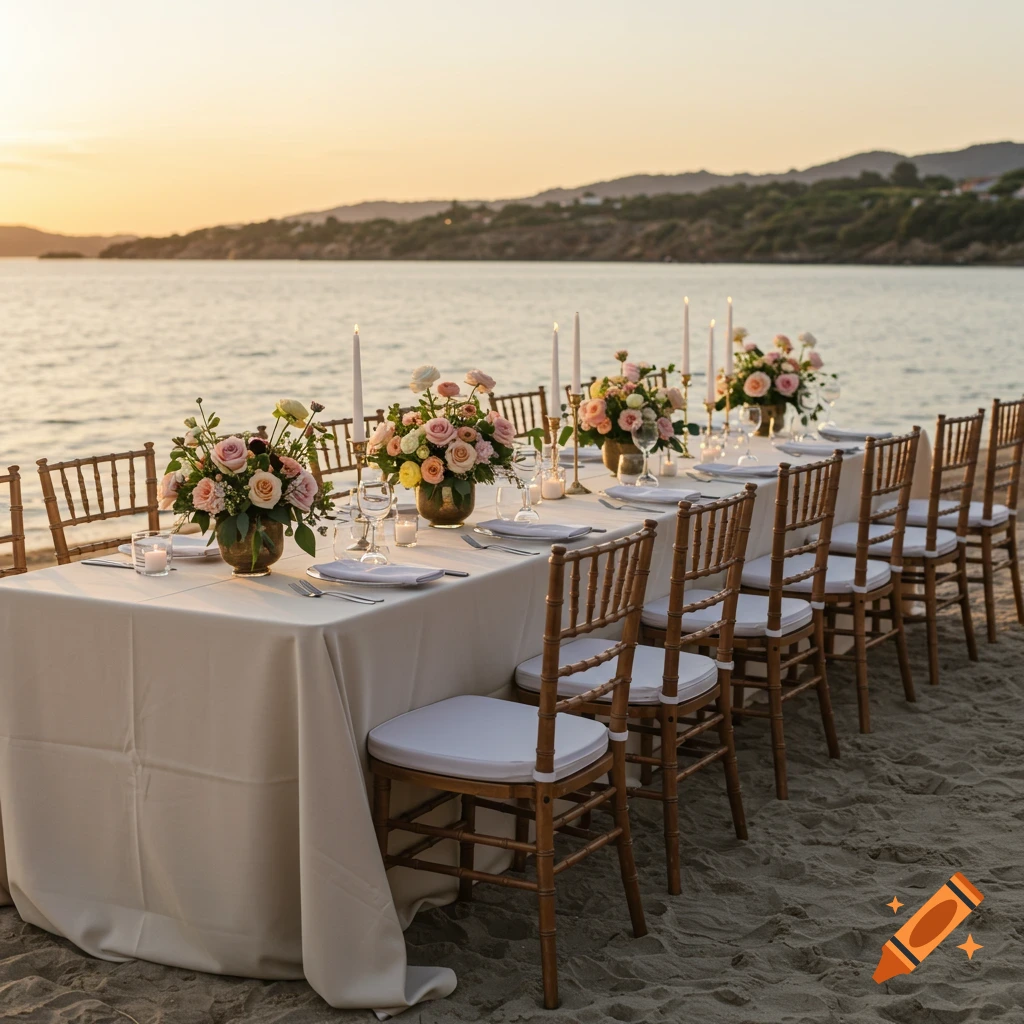 Long wedding table with floral arrangements and candles on a beach at sunset.