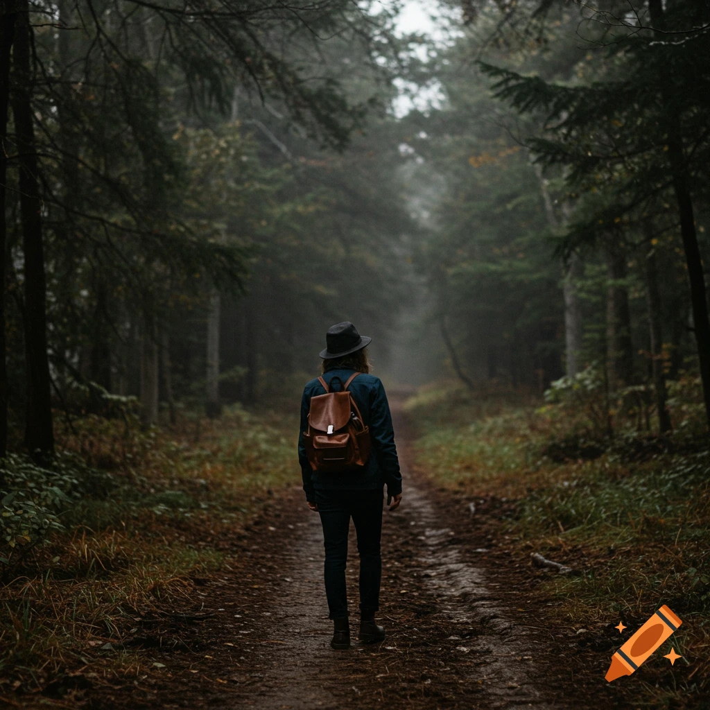 A person with a backpack walks on a path through a misty forest.