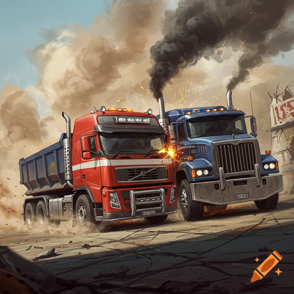 A red truck battles a blue truck in an action scene with smoke, dust, and sparks.