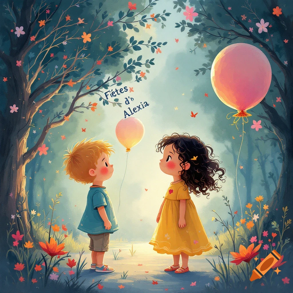 Two children are looking at each other in a forest with balloons and text on a branch that says "F\u00eates d'Alexia".