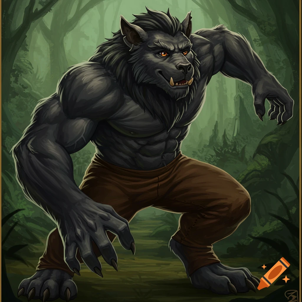 A muscular, grey-furred werewolf stands in a forest, baring fangs.
