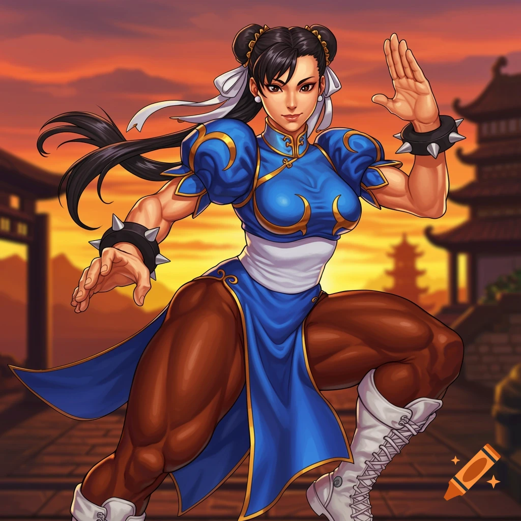 Chun-Li in a fighting pose, showing defined muscles, against a Chinese city at sunset.