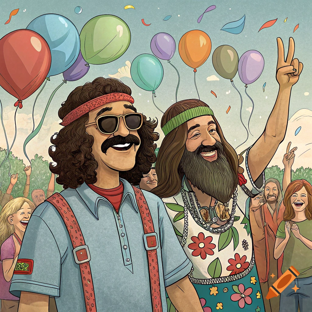 Cartoon figures resembling Cheech and Chong at a celebration with balloons, one giving a peace sign.