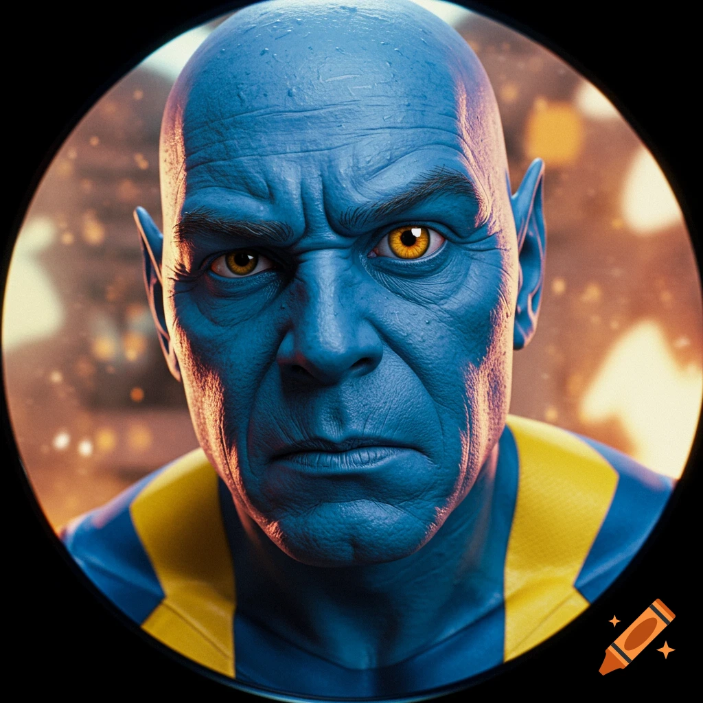 Close-up portrait of a blue-skinned person with yellow eyes in a blue and yellow suit, viewed through a fisheye lens.