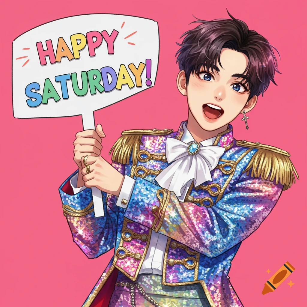 Anime-style character in a colorful military jacket holding a sign that says 'Happy Saturday!'