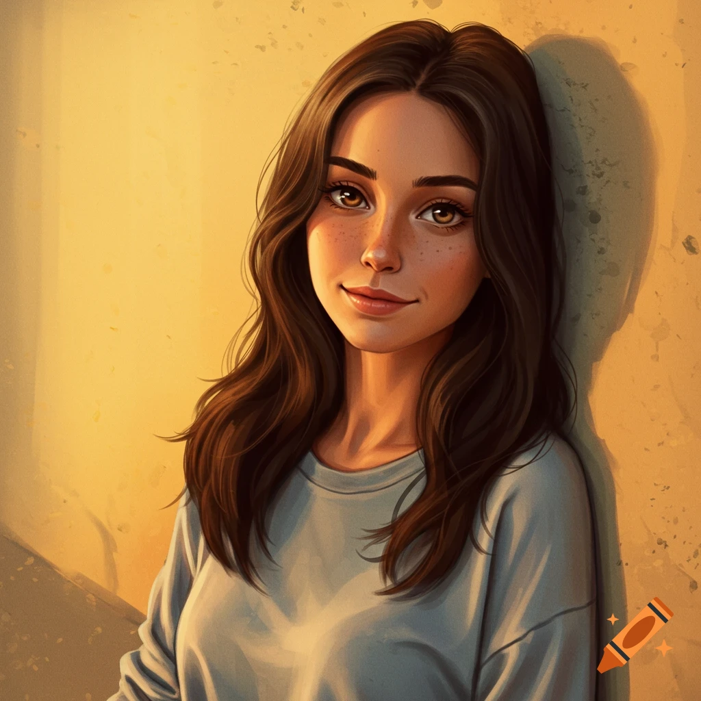 Portrait of a young woman with brown hair and freckles, leaning against a wall in warm light.