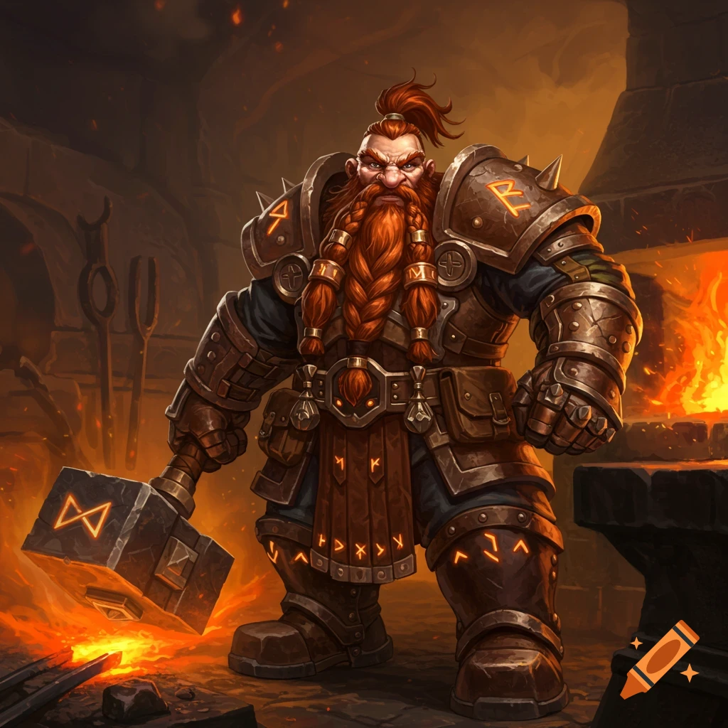 A muscular dwarf forge cleric holding a large hammer in a fiery forge.